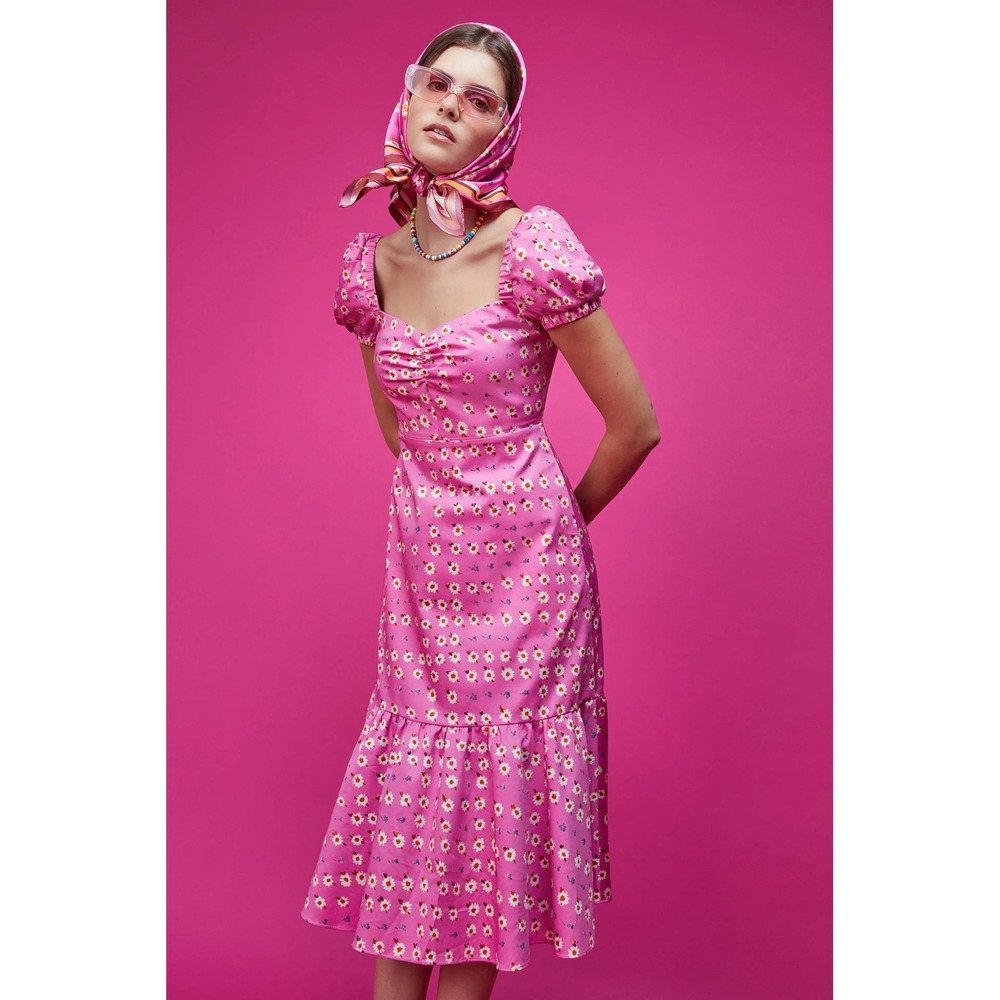 Autumn Adeigbo Courtney Pink Daisy Floral Midi Dress Puff Sleeve Size 8